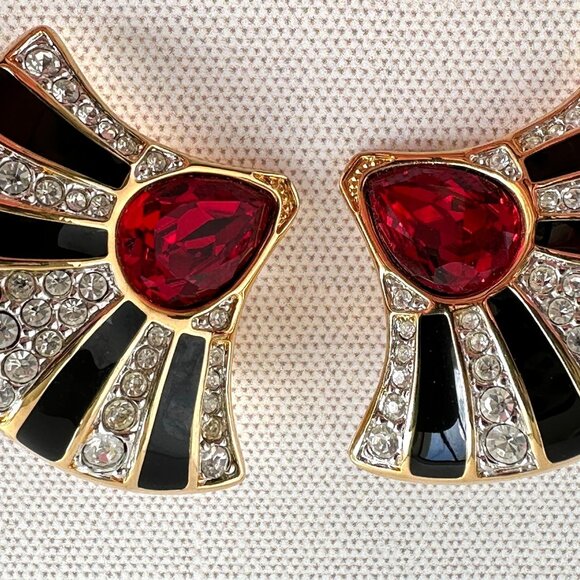 Swarovski Clip On Earrings Red Crystal Fan - Picture 5 of 10